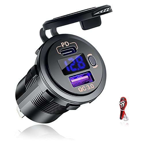 USB C Car Charger Socket, Dual Ports 12V/24V Outlet PD3.0 & QC3.0 Fast Charge Car Charger Adapter with ON/Off Switch and LED Voltmeter for Car, Boat, Marine, Truck, SUV, RV