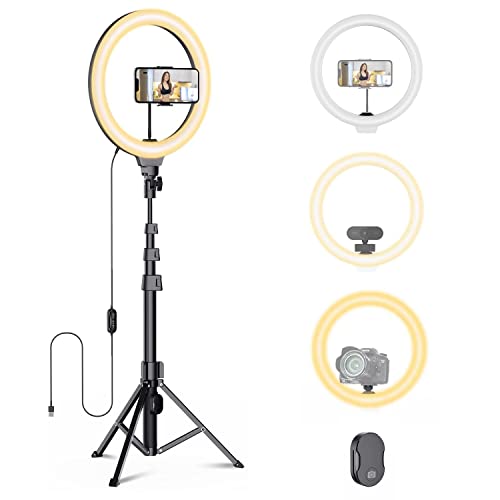 Fugetek 12' Selfie Ring Light with 68' Aluminum Tripod Stand, Bluetooth Remote, Extendable, for Video, Photos, Make Up, 3 Color Mode Controller, USB Powered, Apple & Android Compatible