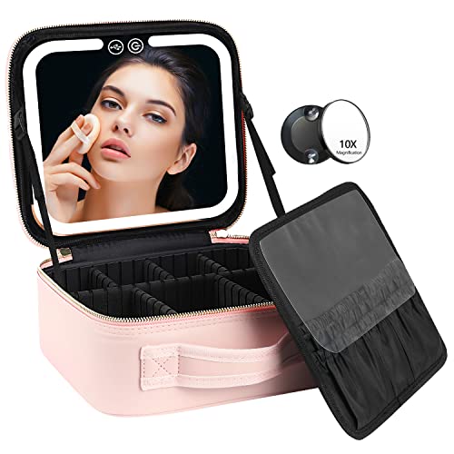 VANMRIOR Travel Makeup Bag with LED Lighted Make up Case with Mirror 3 Color Setting Cosmetic Makeup Box Organizer Vanity Case for Women Beauty Tools Accessories Case Rechargeable