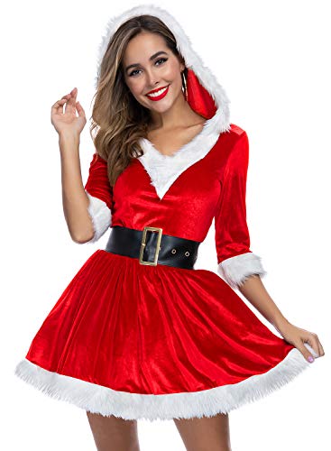 Soyoekbt Women's Mrs. Claus Santa Costume Red V-Neck Adult Costume for Christmas Red XL