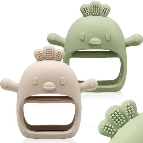 2 Packs Baby Teething Toy Silicone Teething Mitten for Babies Over 3 Months Anti Dropping Wrist Hand Teethers Baby Chew Toys for Sucking Needs, BPA Free (Green & Caramel)