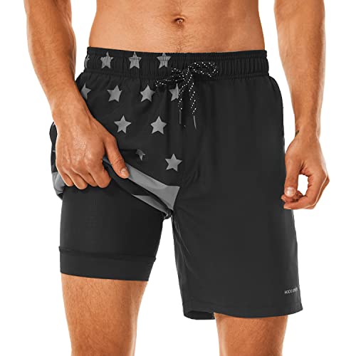 HODOSPORTS Mens Swimsuit Trunks 7' Quick-Dry Swim Shorts with Compression Liner and Zipper Pockets (Large, American Flag)