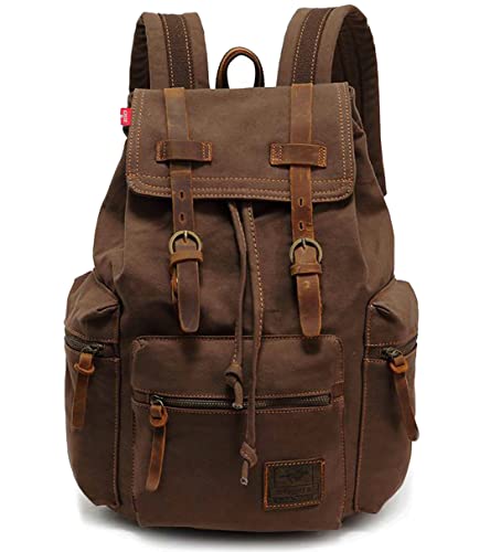 HuaChen Vintage Travel Canvas Leather Backpack for Men,Computers Laptop Backpacks Rucksack, Shoulder Camping Hiking Backpacks for Men Women (M32_Coffee)