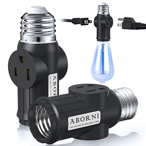 2 Pcs ABORNI 3 Prong Light Socket to Plug Adapter, E26 Light Socket Outlet, FCC Listed Polarized Light Socket Adapter, Light Bulb to 2/3 Prong Outlet Socket Splitter Converter for Garage Porch(Black)