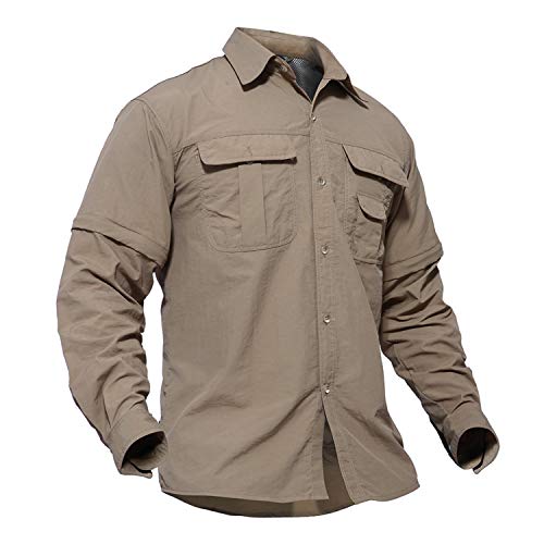 TACVASEN Men's Nylon Solid Camping Hunting Cycling Fishing Convertible Long Sleeve Shirt Khaki, M