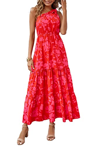 PRETTYGARDEN Women's Floral Maxi Dress 2024 Knot One Shoulder Sleeveless Ruffle Hem Flowy Boho Dresses (Red Floral,Medium)