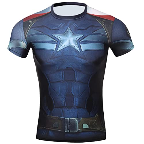 Red Plume Men's Athletic Compression Sports Fitness Shirt Superhero Armor Captain T-Shirt Running Workout Short Sleeve Tops