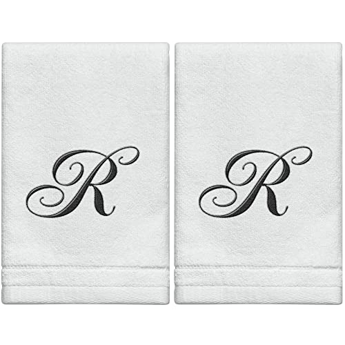 Monogrammed Towels Fingertip, Personalized Gift, 11 x 18 Inches - Set of 2- Black Embroidered Towel - Extra Absorbent 100% Cotton- Soft Velour Finish - For Bathroom/ Kitchen/ Spa- Initial R (White)