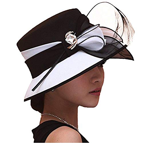 June's Young Women Church Hats Formal Dress Derby Hats with Feather Elegant Bucket Hats (Black/White)