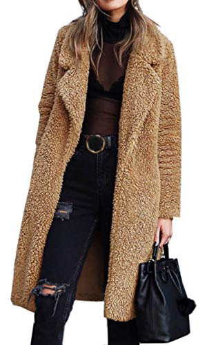 Angashion Women's Fuzzy Fleece Lapel Open Front Long Cardigan Coat Faux Fur Warm Winter Outwear Jackets Dark Camel XL