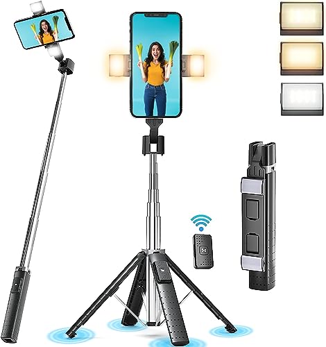 41” Selfie Stick Tripod Quadrapod with 2 Rechargeable Fill Light, Extendable Tripod with Bluetooth Remote, Stainless Steel, 3 Light Modes, 9 Brightness Levels, Compatible for All iPhone & Android