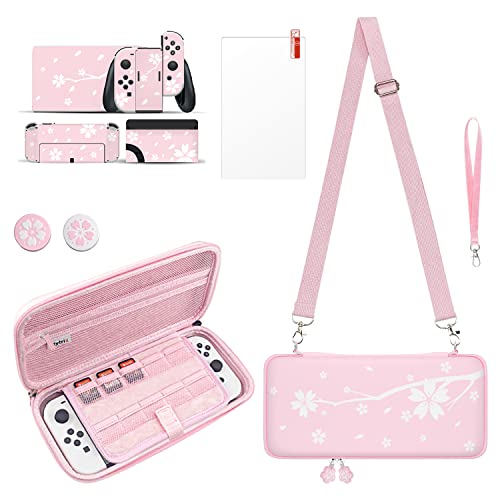 Mytrix Cute Carrying Case for Nintendo Switch OLED, Portable Hard Shell Pouch Travel Storage Bag for Switch Protective Bag with 10 Game Card Slots, with 4 in 1 Bundle Accessories Pink Cherry Blossoms