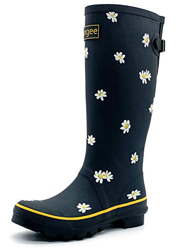 Rongee Tall Rain Boots for Women Waterproof Daisy Printed with Adjustable Buckle (9 B(M) US)