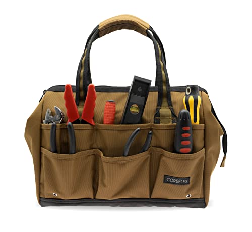 Coreflex 14inch Wide-Mouth Tool Bag, Multiple Purpose - for Plumbers, Electricians, Handymen also good for daily use, Office Use and camping. Premium Heavy Duty 900D Polyester Fabric (TAN)