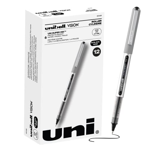 uni-ball(R) Vision(TM) Rollerball Pens, 0.7 mm, Fine Point, Gray Barrel, Black Ink, Pack of 12, 60126