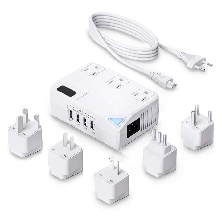 WAUDM Universal 100V-220V Travel Adapter, 250Wvoltage Converter with 4 USB Charging Ports and 3 AC Plugs for Curling Irons, straighteners, Included Plugs are A, C, D, G, I, L Type.