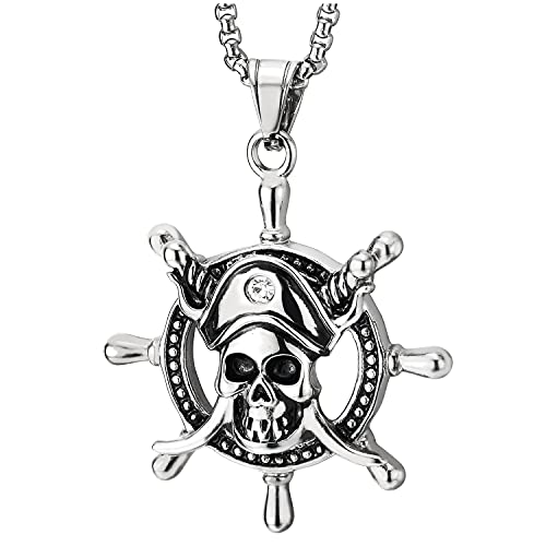 COOLSTEELANDBEYOND Men Vintage Marine Boat Steering Wheel Viking Pirate Sword Skull Pendant Necklace with CZ