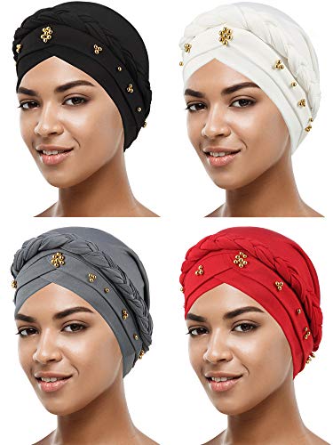 4 Pieces African Women Turban Cap Head Wraps Beaded Headscarf Beanie Wrap (Black, Grey, White, Red,Bead Style)