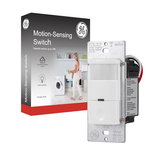 GE In-Wall Motion Sensor Light Switch, Occupancy & Vacancy Options, Single Pole, Automatic/Manual Controls, 150 Degree 30ft. Detection Zone, Custom Timer, Indoor, Motion Sensor Switch, 11927