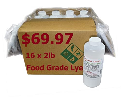 32 lbs Food Grade Sodium Hydroxide Lye Evenly-Sized Micro Pels (Beads or Particles) - 16 x 2lb Bottles - Lye Drain Cleaner - HDPE container with resealable Child Resistant cap