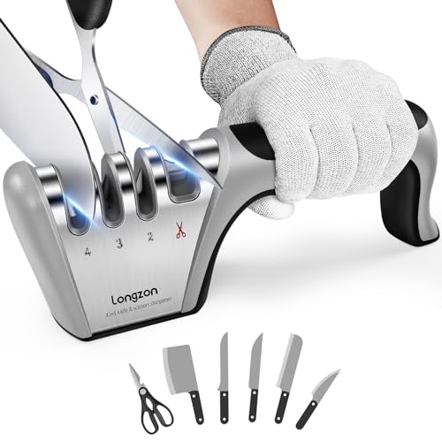 Longzon 4-in-1 Knife Sharpener [4 stage] with a Pair of Cut-Resistant Glove, Original Premium Polish Blades, Best Kitchen Knife Sharpener Really Works for Fruit Knife and Steel Knives, Scissors.