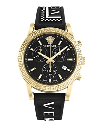 Versace Sport Tech Collection Luxury Womens Watch Timepiece with a Black Strap Featuring a Gold Case and Black Dial