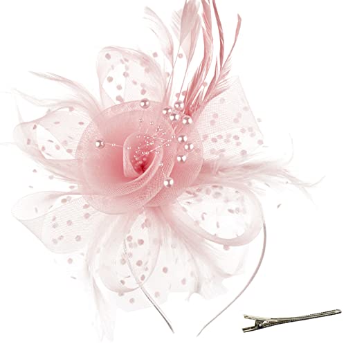 DRESHOW Fascinators Hat Flower Mesh Ribbons Feathers on a Headband and a Clip Tea Party Headwear for Girls and Women