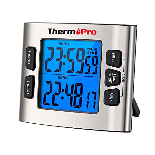 ThermoPro TM02 Digital Kitchen Timer with Dual Countdown Stop Watches Timer/Magnetic Timer Clock with Adjustable Loud Alarm and Backlight LCD Big Digits/ 24 Hour for Kids Teachers
