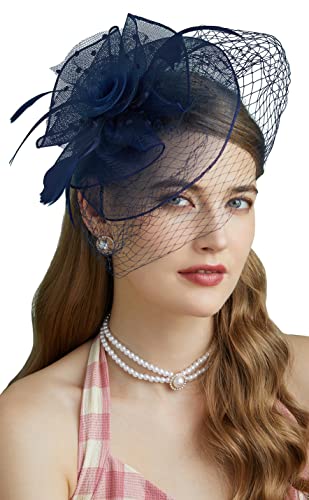 Cizoe Fascinators Hats 20s 50s Hat Pillbox Hat Cocktail Tea Party Headwear with Veil for Girls and Women(D-navy)