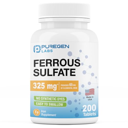Puregen Labs Ferrous Sulfate 325 mg (65 mg Elemental Iron) High Potency Iron Supplement | No Artificial Color Additives - 200 Tablets Made in USA