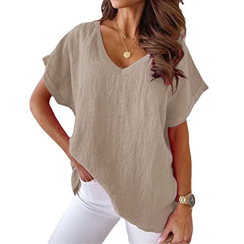 Mayntop Womens Solid Color Cotton Linen T-Shirt V-Neck Batwing Oversized Loose Summer Top Plain Short Sleeve Blouse A Khaki XL