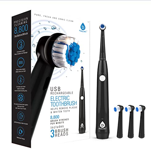 Pursonic Rotary Toothbrush, USB Rechargeable Electric Toothbrush, 3 Brush Heads – Sonic Toothbrush with 8,800 Oscillations/Minute and 3 Cleaning Modes (Black)