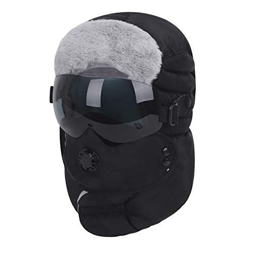 Women Men Trapper Hat Winter Ski Hat with Windproof Ear Flap Mask Goggles Faux Fur Full Cover Balaclava Waterproof Russian Ushanka Hunting Cycling Cap Thermal Winter Snow Hat