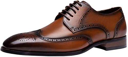 Jousen Men's Dress Shoes Leather Mens Oxfords Business Wingtip Formal Oxford Brogue Retro Derby Dress Shoes for Men(AMY9021A Yellow Brown 11)