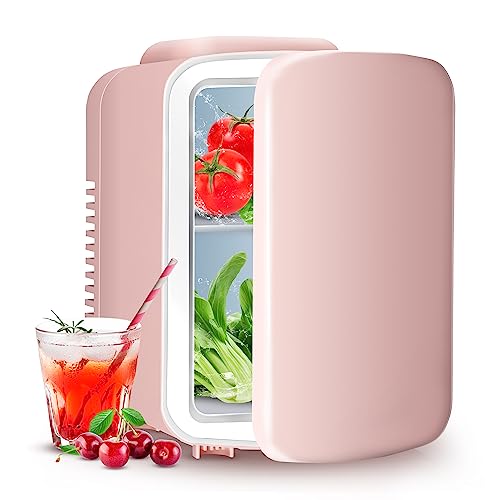 YSSOA 4L Mini Fridge 6 Can Portable Cooler & Warmer Compact Refrigerators for Food, Drinks, SkinCare, Office Desk, Pink