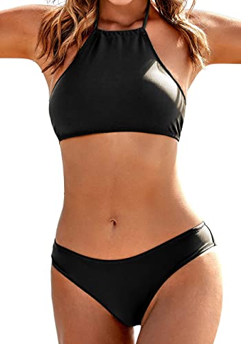 Ekouaer Womens High Neck Halter Bikini Set Swimwear Full Coverage Bathing Suits Lace Up Backless, Small, 1 Dark Black