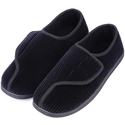 LongBay Men's Memory Foam Diabetic Slippers Comfy Warm Plush Fleece Arthritis Edema Swollen House Shoes (10, Black)