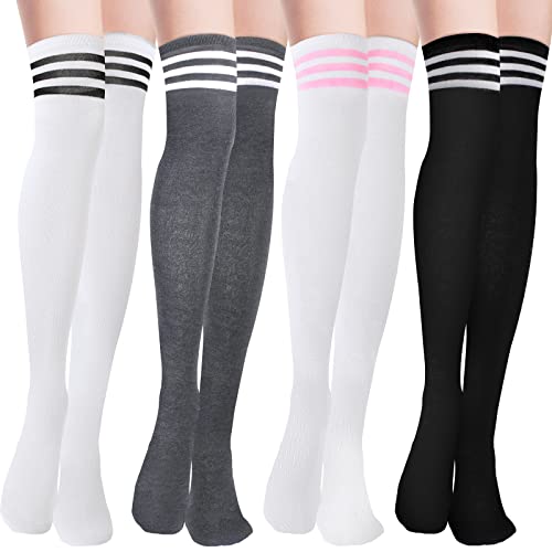 Buauty 4 Pairs Thigh High Socks,Knee High Socks,Long Socks,Halloween Cute Over The Knee Stripes Socks For Women , Medium