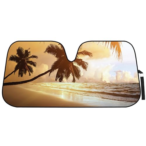 BDK Golden Palm Tree Beach Sunset Front Windshield Sun Shade - Accordion Folding Auto Sunshade for Car Truck SUV - Blocks UV Rays Sun Visor Protector - Keeps Your Vehicle Cool - 58 x 28 Inch
