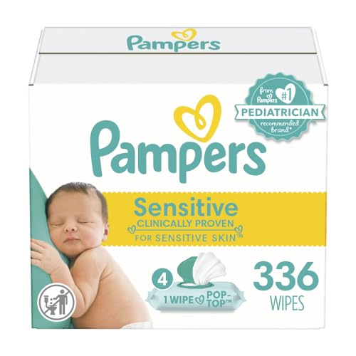 Pampers Sensitive Baby Wipes, Water Based, Hypoallergenic and Unscented, 4 Flip-Top Packs (336 Wipes Total) [Packaging May Vary]