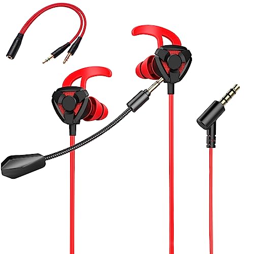 KAHEAUM Gaming Headset with Microphone,Noise Cancelling Gaming Headphones with Mic Detachable,Surround Sound Wired Gaming Earbuds PC for Xbox One PS4 PS5 Nintendo Switch Playstation 5 Phone Red Black