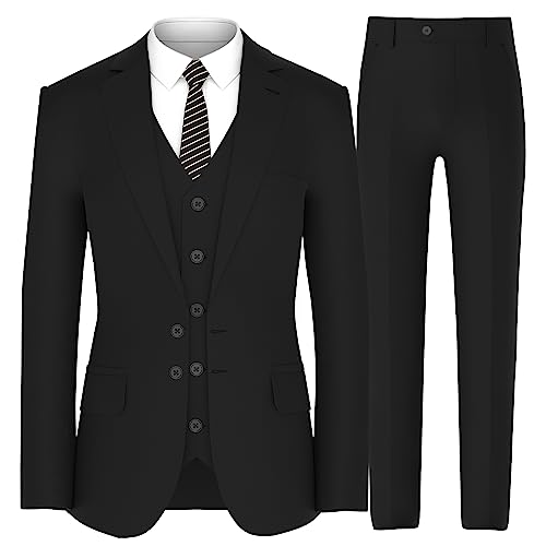Antonio Uomo Men’s Suit Set – Slim Fit 3 Piece Blazer 2 Button Jacket Vest Pants for Formal Business Wedding Party Prom Solid Dress Suits Black 4XL