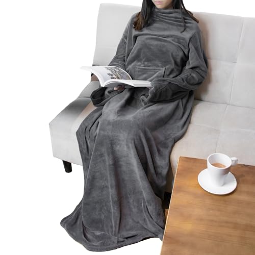 PAVILIA Fleece Robe Blanket with Sleeves and Pocket for Adults - Cozy Warm Full Body Wrap, Gifts for Christmas