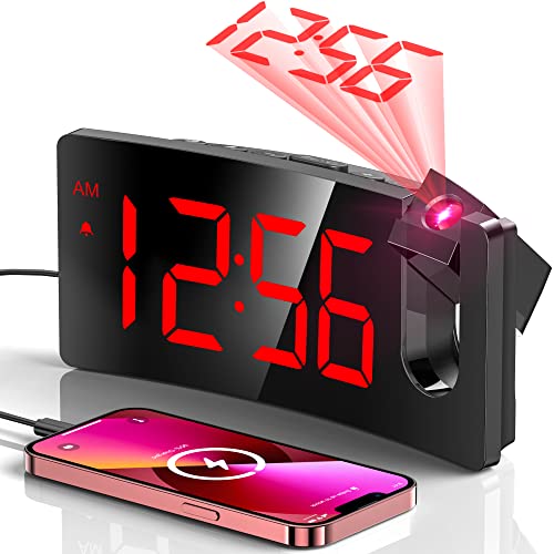 GOLOZA Projection Alarm Clock, Digital Clock with Modern Curved Design 180° Rotatable Projector, 3-Level Brightness Dimmer, Clear Red LED Display, Progressive Volume, 9mins Snooze,12/24H, for Bedroom