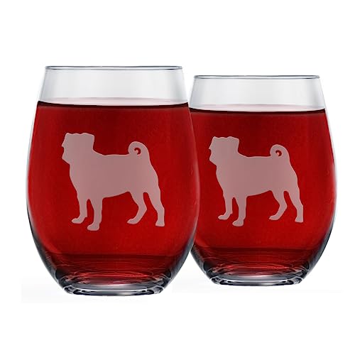 Greenline Goods Pug Stemless Wine Glasses (Set of 2) - Unique Gift for Dog Lovers - Hand Etched with Breed Name on Bottom