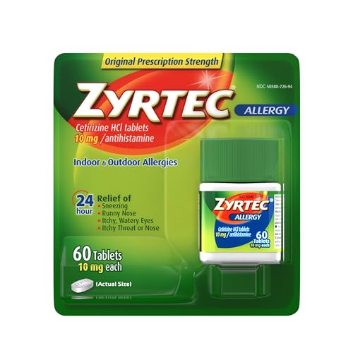 Zyrtec 24 Hour Allergy Relief Tablets, Indoor & Outdoor Allergy Medicine with 10 mg Cetirizine HCl per Antihistamine Tablet, Relief of Allergies, 60 ct