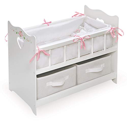 Badger Basket Toy Doll Bed with White Bedding, Storage Baskets, and Personalization Kit for 20 inch Dolls - White Rose