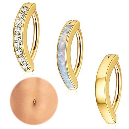 Jstyle 3Pcs 14G Clicker Belly Button Ring for Women Gold 316L Surgical Steel Belly Rings Cute CZ Opal Small Hoop Belly Button Rings Simple Reverse Navel Rings Body Belly Piercing Jewelry Gold Tone