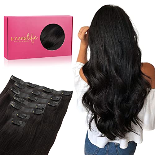 WENNALIFE Seamless Clip In Hair Extensions, 18 Inch 130g 7pcs Natural Black Hair Extensions Clip in Human Hair Invisible PU Skin Weft Natural Remy Human Hair Extensions