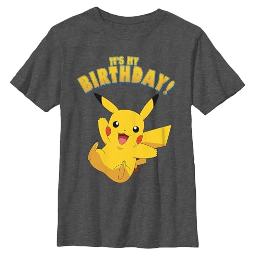 Pokemon Boys Pikka Birthday Party Short Sleeve Tee Shirt, Charcoal Heather, Youth Small